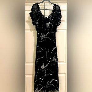 Black Floral Print Dress with Cinching, Lace, Beading, Sequin & Bow Detail